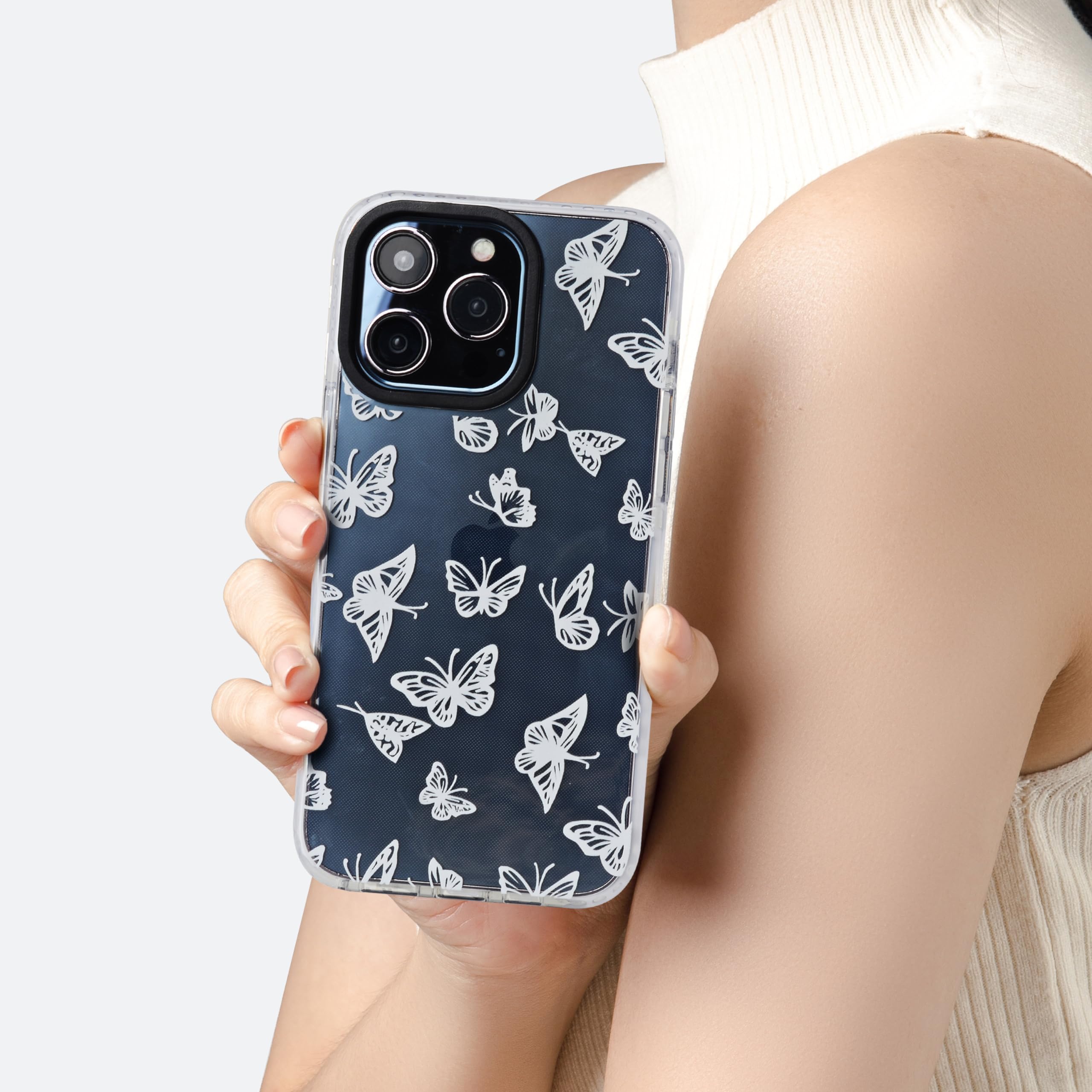 Lxsceto White Butterfly Trendy Cute Clear Phone Case for iPhone 15